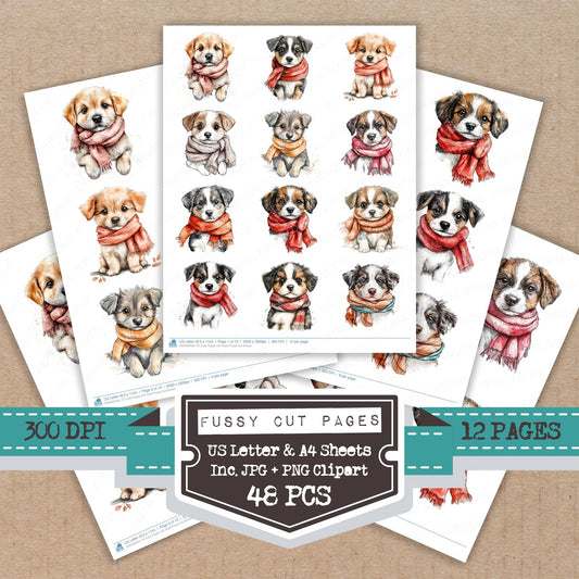 Cute Puppy with Scarf fussy cut printable sheets for junk journaling, scrapbooking, and paper craft projects