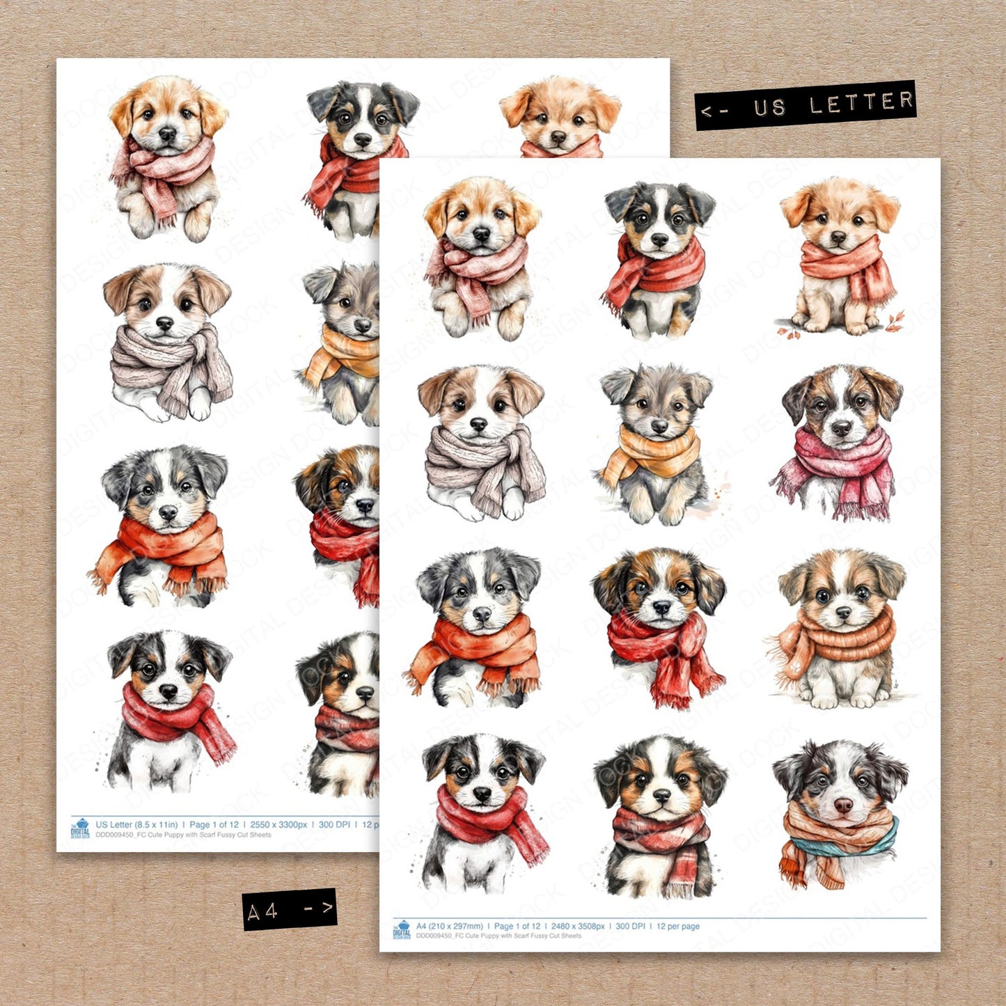 A4 and US Letter format comparison showing Cute Puppy with Scarf fussy cut pages for print and cut crafting