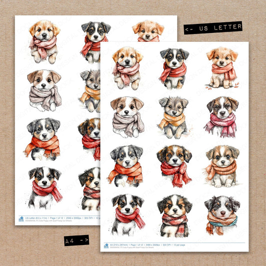 A4 and US Letter format comparison showing Cute Puppy with Scarf fussy cut pages for print and cut crafting