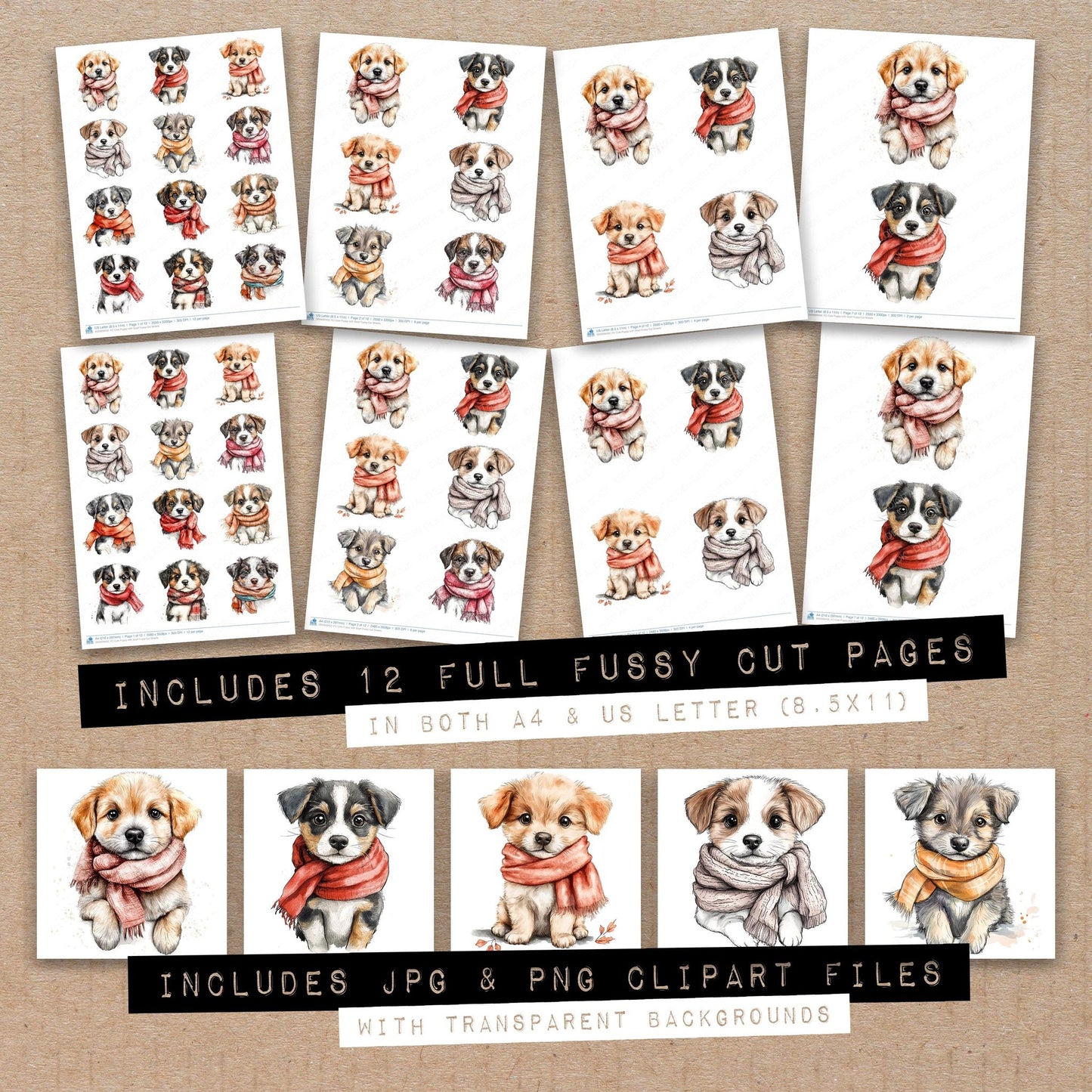 Full collection view of Cute Puppy with Scarf fussy cut sheets with bonus clipart JPG and PNG files