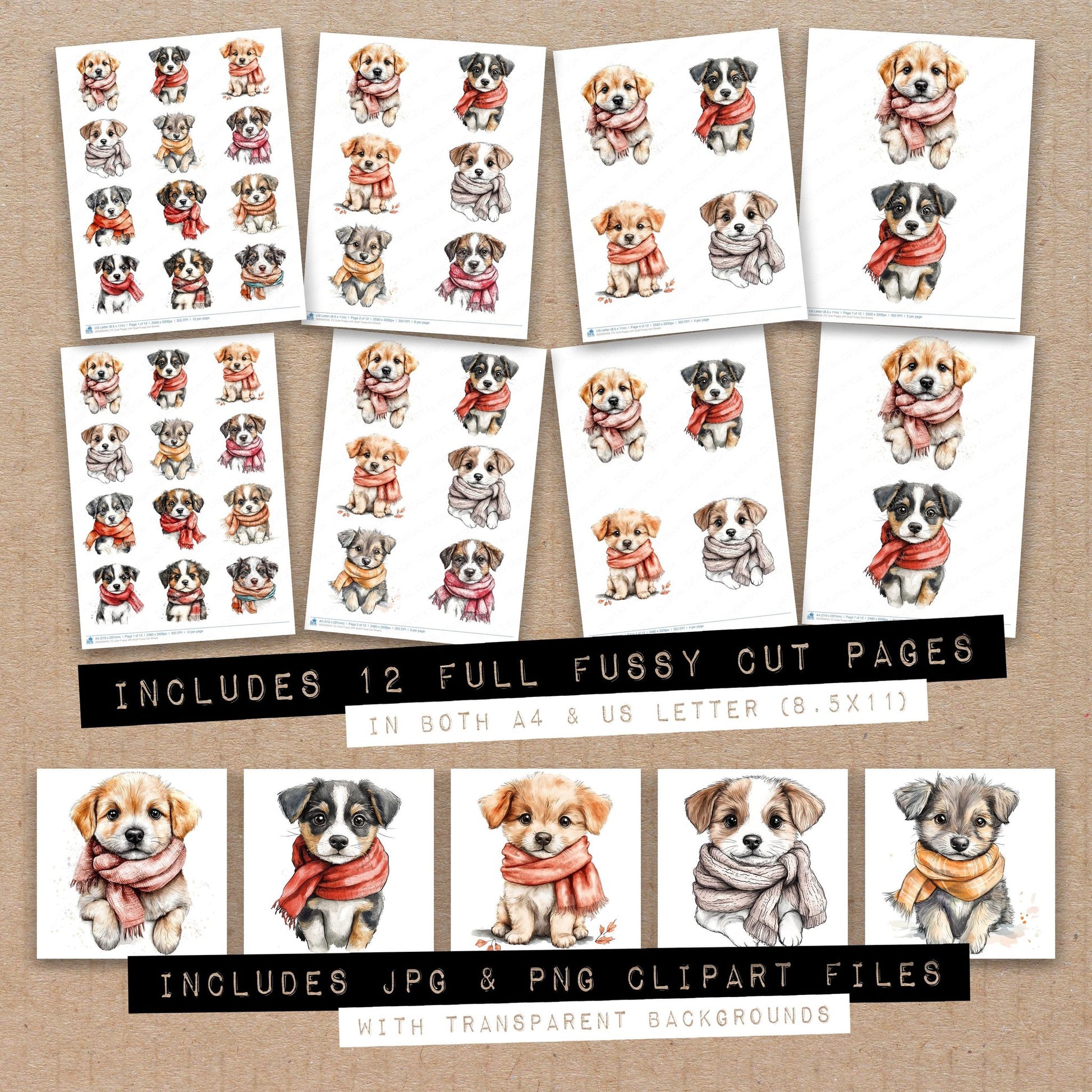 Full collection view of Cute Puppy with Scarf fussy cut sheets with bonus clipart JPG and PNG files