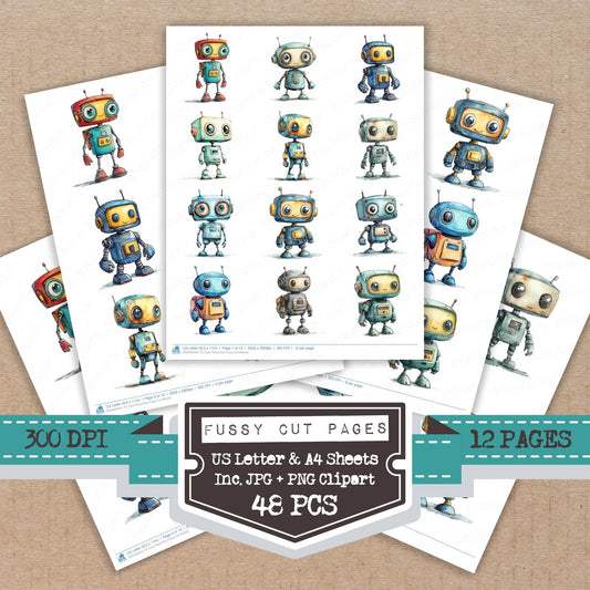 Cute Robot Boy fussy cut printable sheets for junk journaling, scrapbooking, and paper craft projects