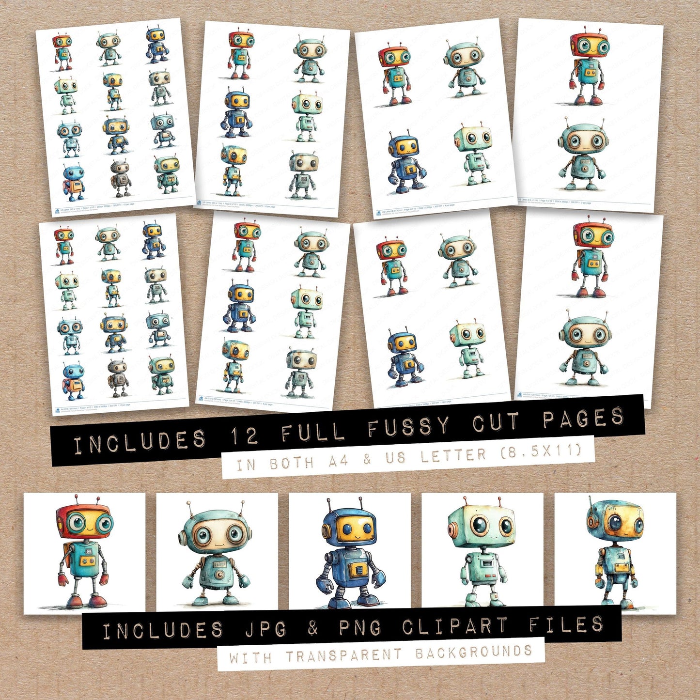 Full collection view of Cute Robot Boy fussy cut sheets with bonus clipart JPG and PNG files