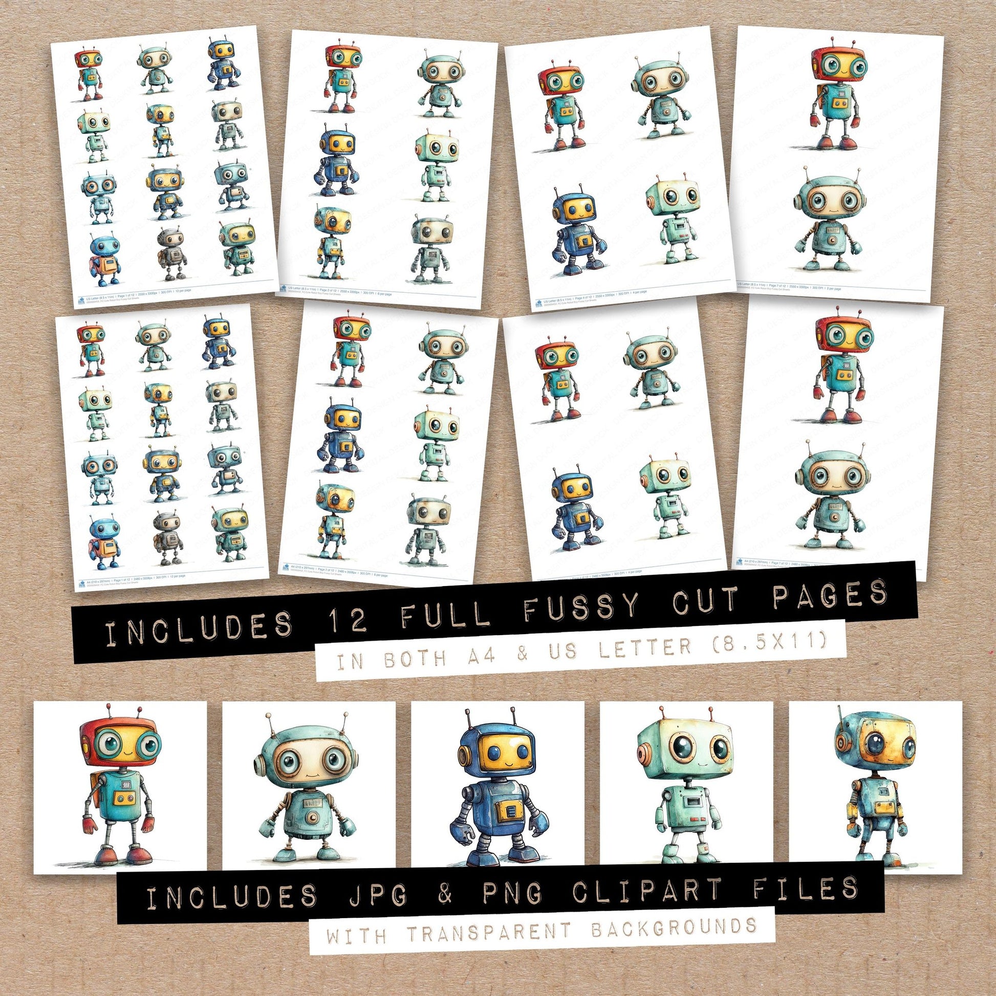 Full collection view of Cute Robot Boy fussy cut sheets with bonus clipart JPG and PNG files
