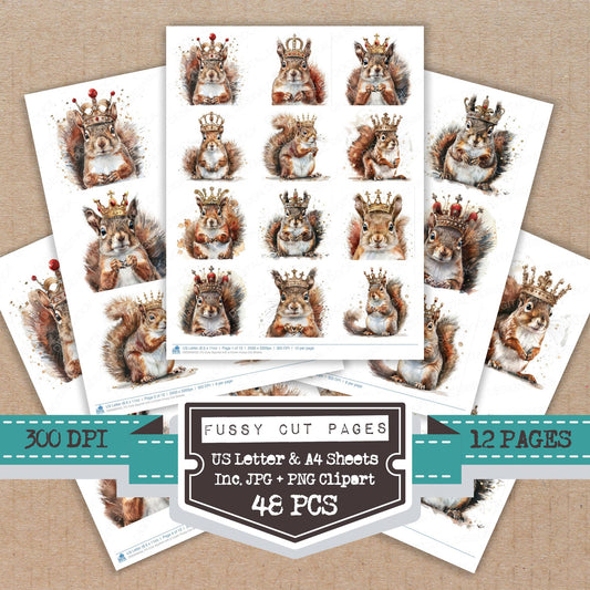 Cute Squirrel with a Crown fussy cut printable sheets for junk journaling, scrapbooking, and paper craft projects