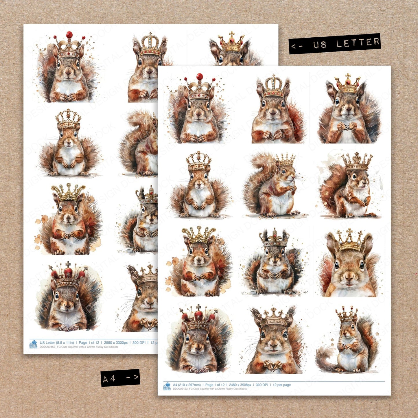 A4 and US Letter format comparison showing Cute Squirrel with a Crown fussy cut pages for print and cut crafting