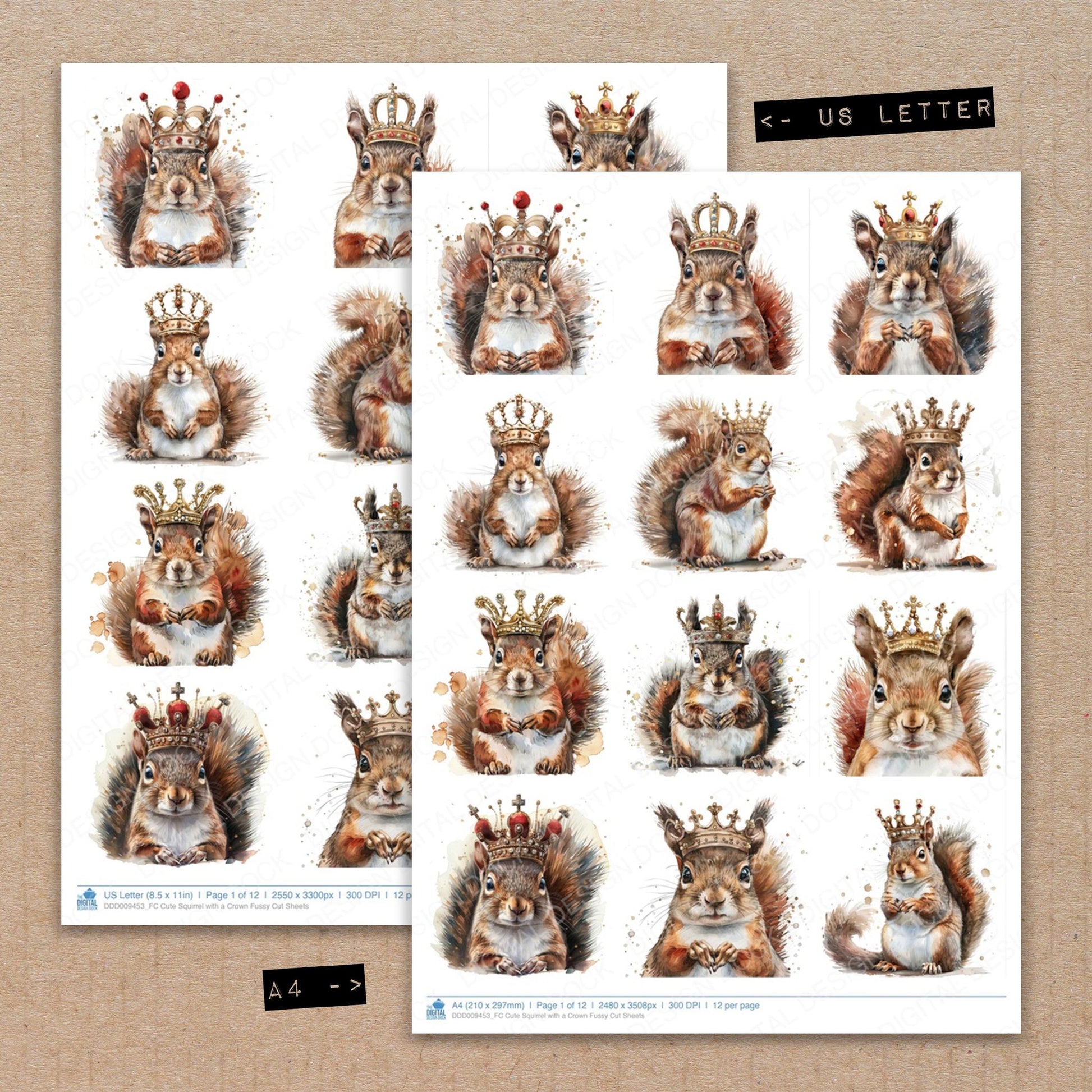 A4 and US Letter format comparison showing Cute Squirrel with a Crown fussy cut pages for print and cut crafting
