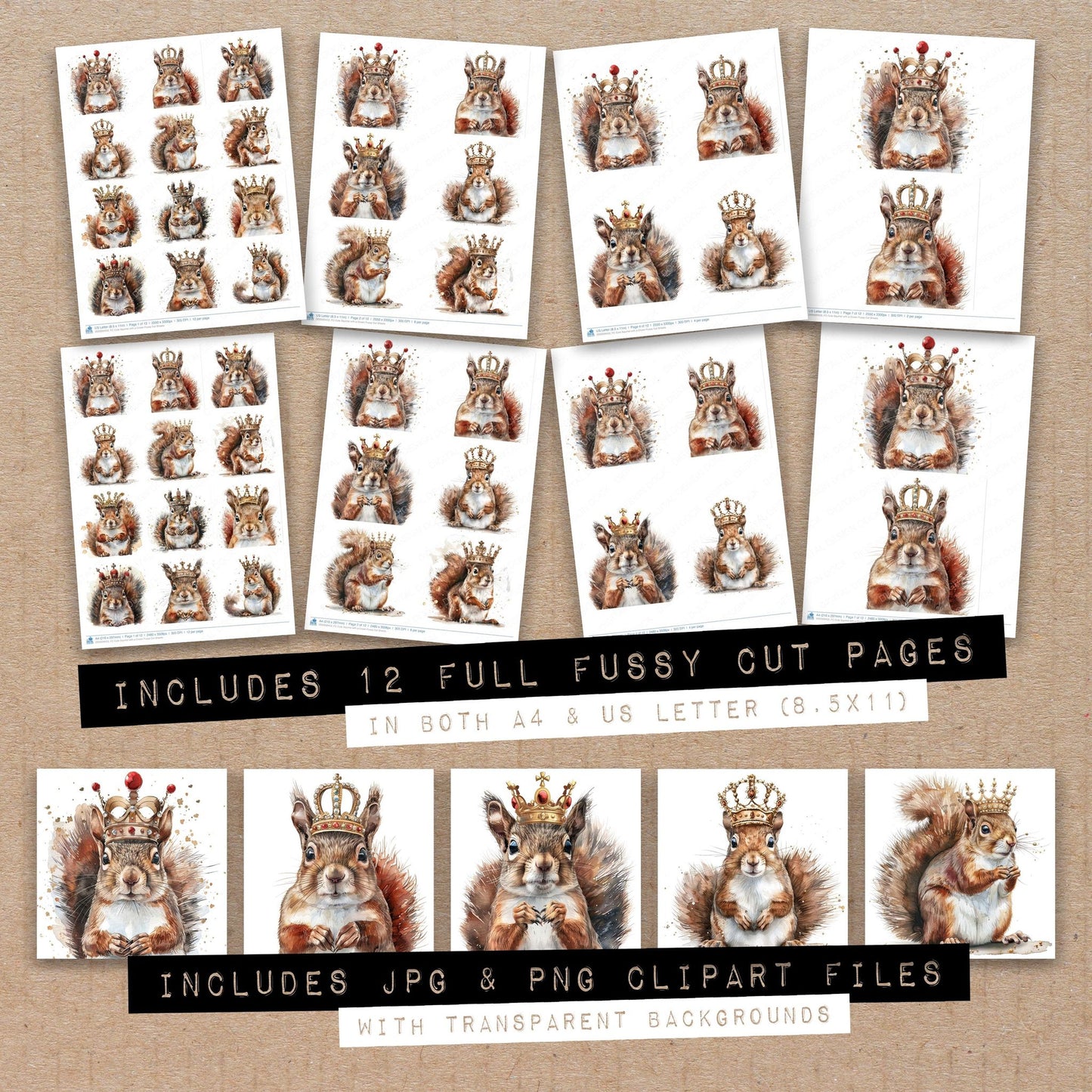 Full collection view of Cute Squirrel with a Crown fussy cut sheets with bonus clipart JPG and PNG files