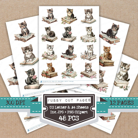 Cute Victorian Kitten on Book fussy cut printable sheets for junk journaling, scrapbooking, and paper craft projects