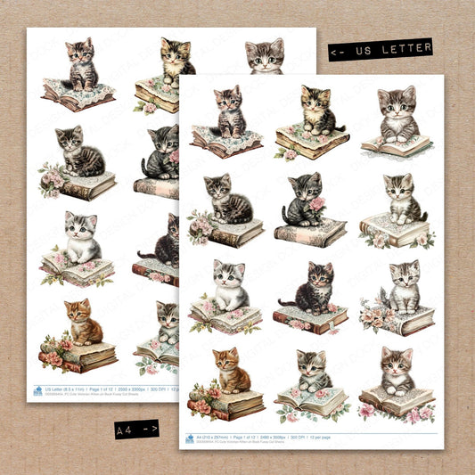 A4 and US Letter format comparison showing Cute Victorian Kitten on Book fussy cut pages for print and cut crafting