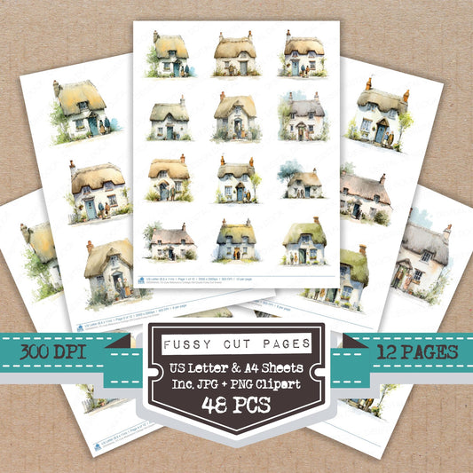 Cute Watercolour Cottage Old Couple fussy cut printable sheets for junk journaling, scrapbooking, and paper craft projects