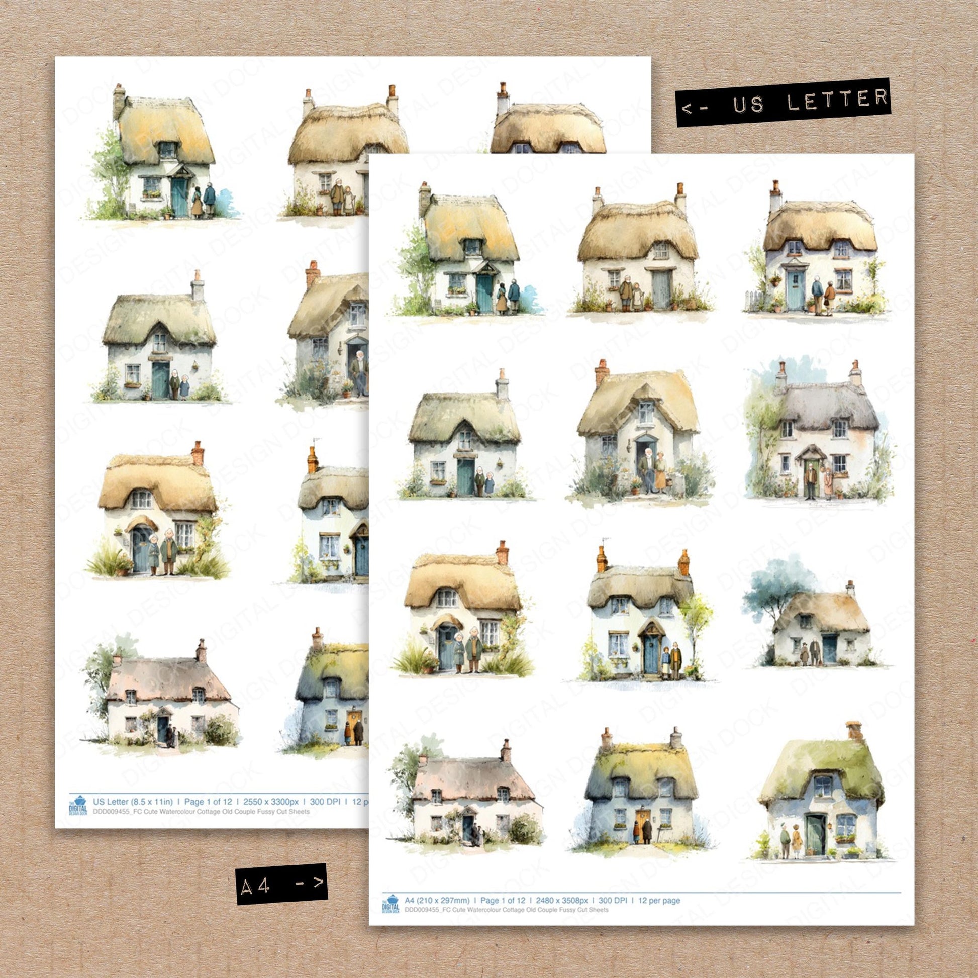A4 and US Letter format comparison showing Cute Watercolour Cottage Old Couple fussy cut pages for print and cut crafting