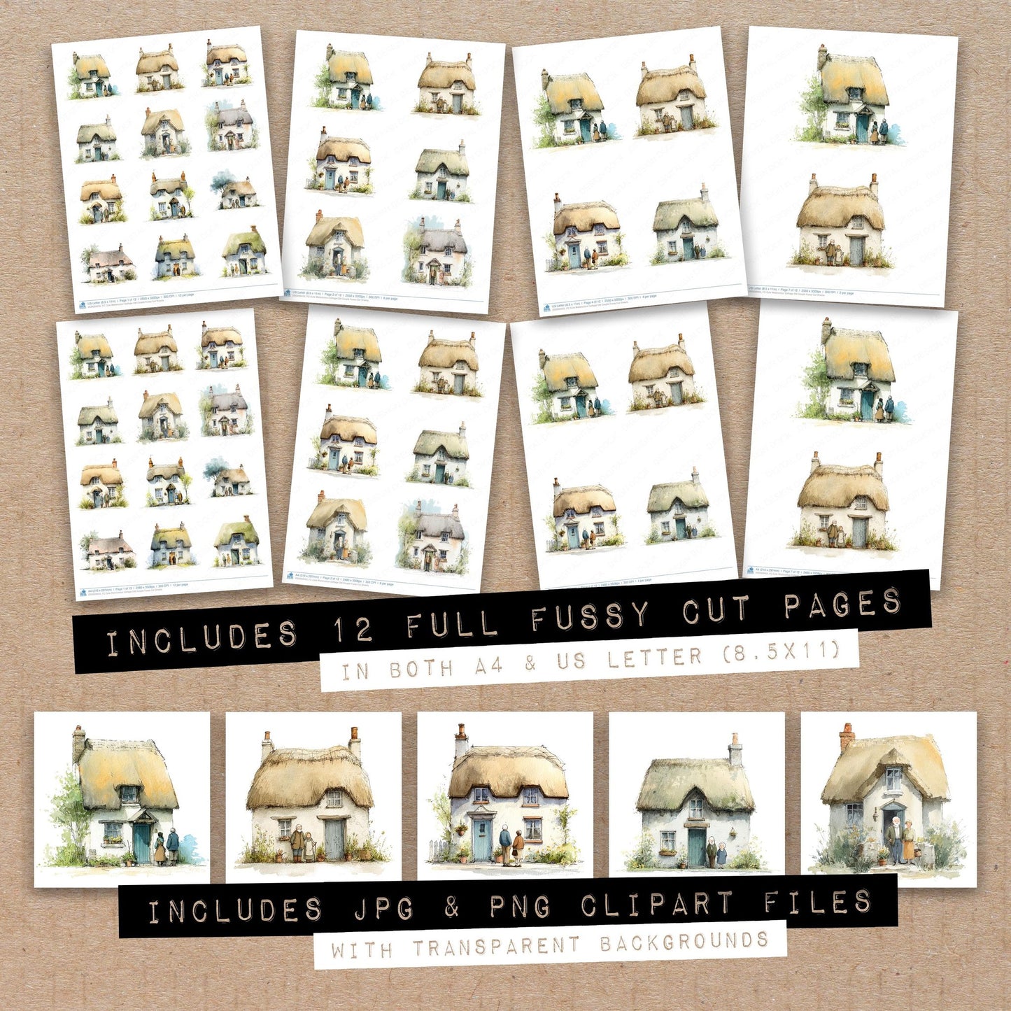 Full collection view of Cute Watercolour Cottage Old Couple fussy cut sheets with bonus clipart JPG and PNG files