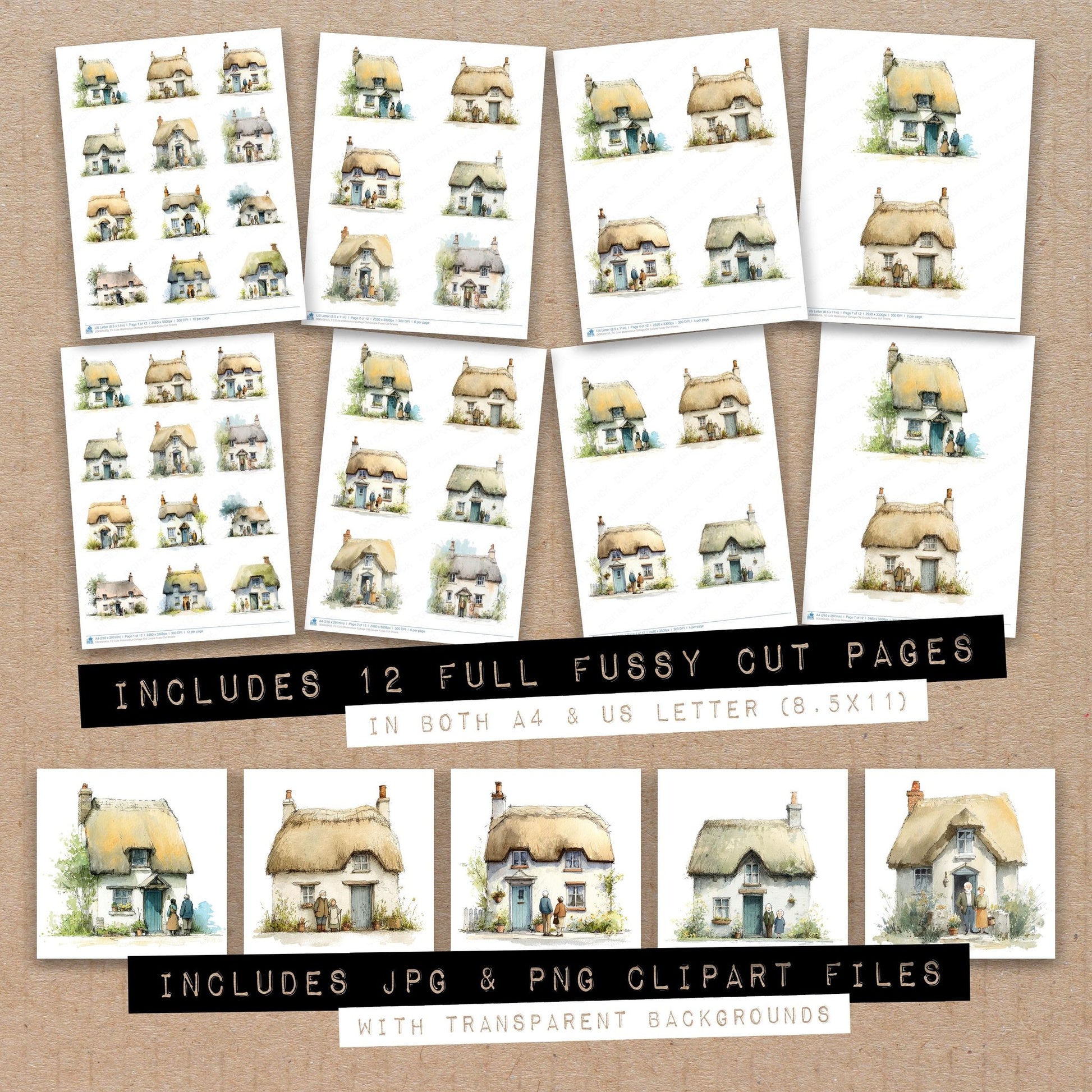 Full collection view of Cute Watercolour Cottage Old Couple fussy cut sheets with bonus clipart JPG and PNG files