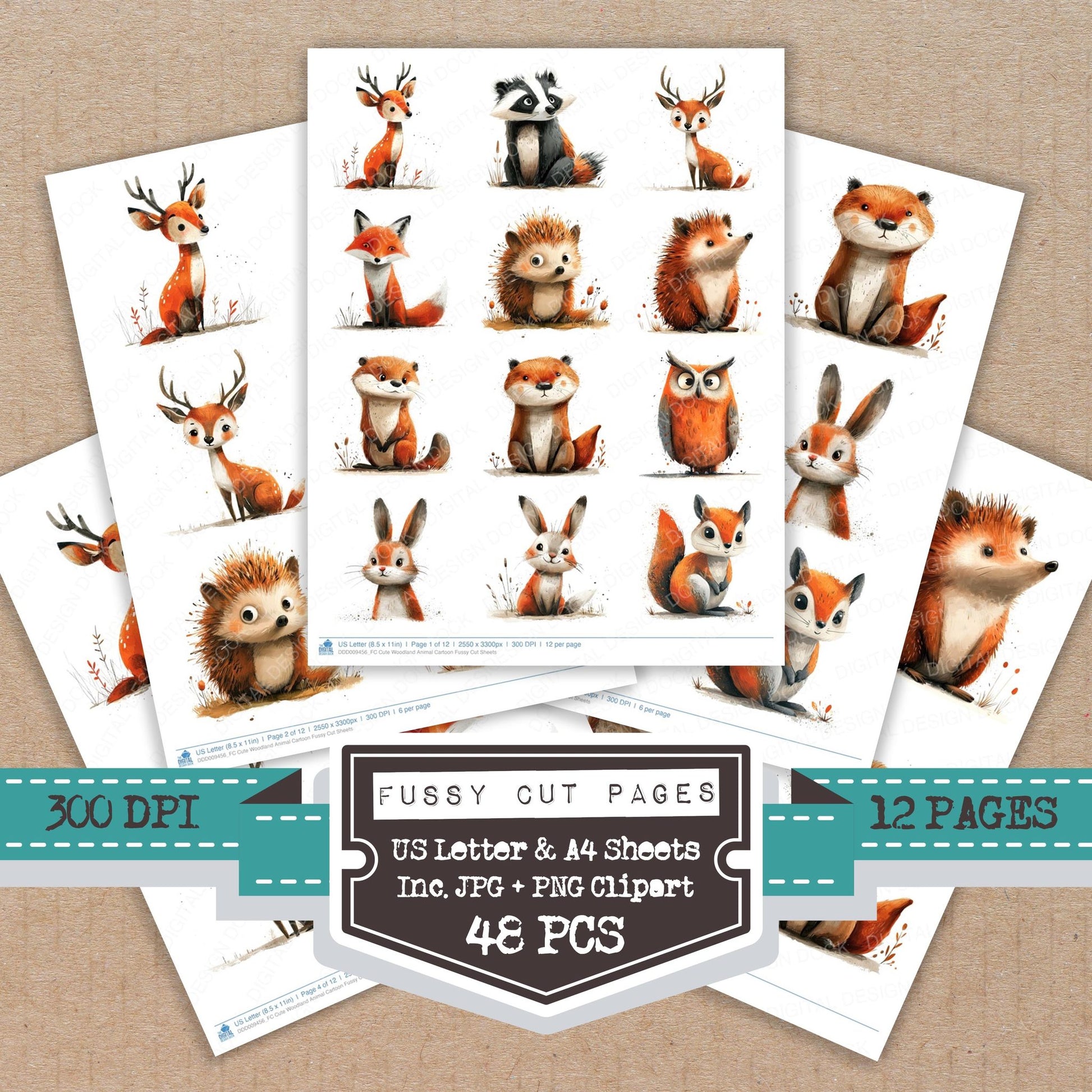 Cute Woodland Animal Cartoon fussy cut printable sheets for junk journaling, scrapbooking, and paper craft projects