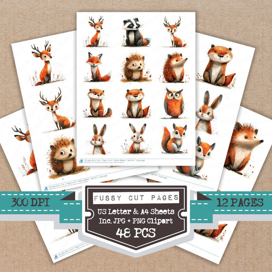 Cute Woodland Animal Cartoon fussy cut printable sheets for junk journaling, scrapbooking, and paper craft projects