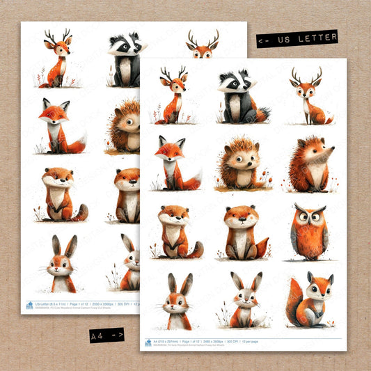 A4 and US Letter format comparison showing Cute Woodland Animal Cartoon fussy cut pages for print and cut crafting