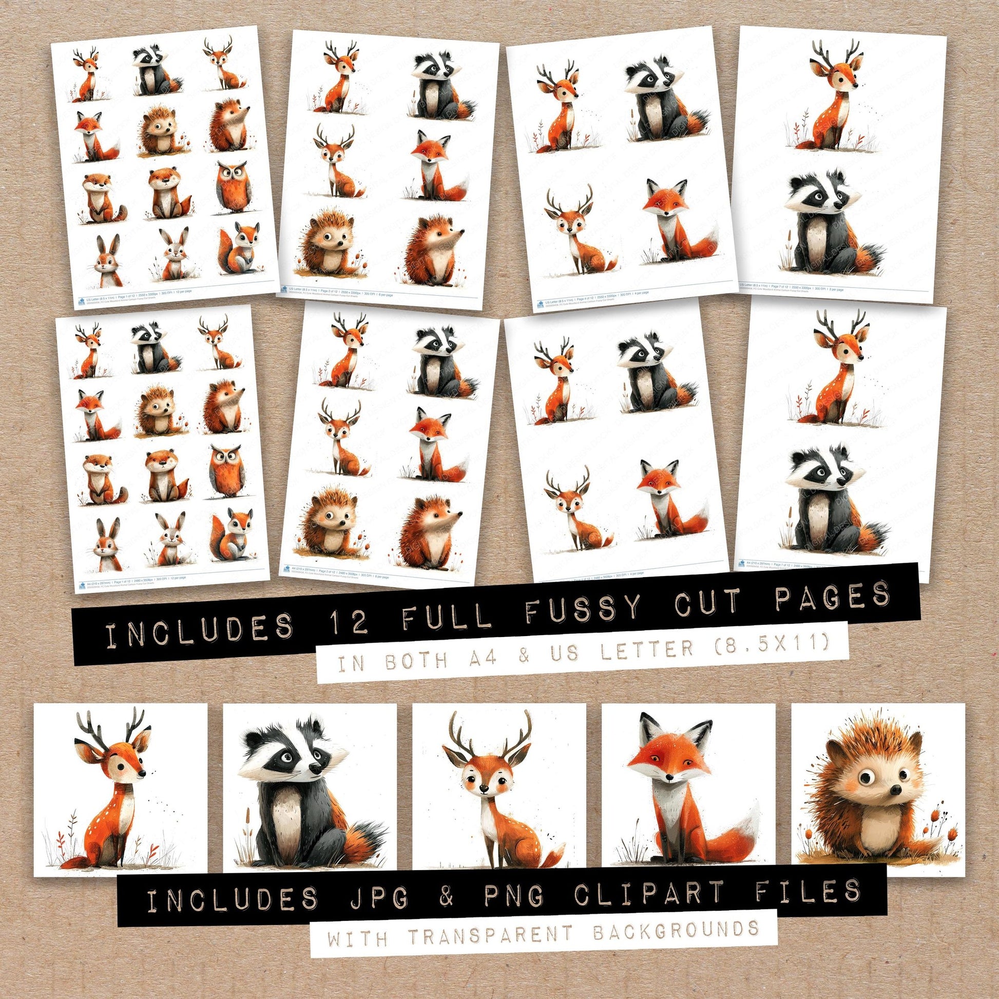 Full collection view of Cute Woodland Animal Cartoon fussy cut sheets with bonus clipart JPG and PNG files