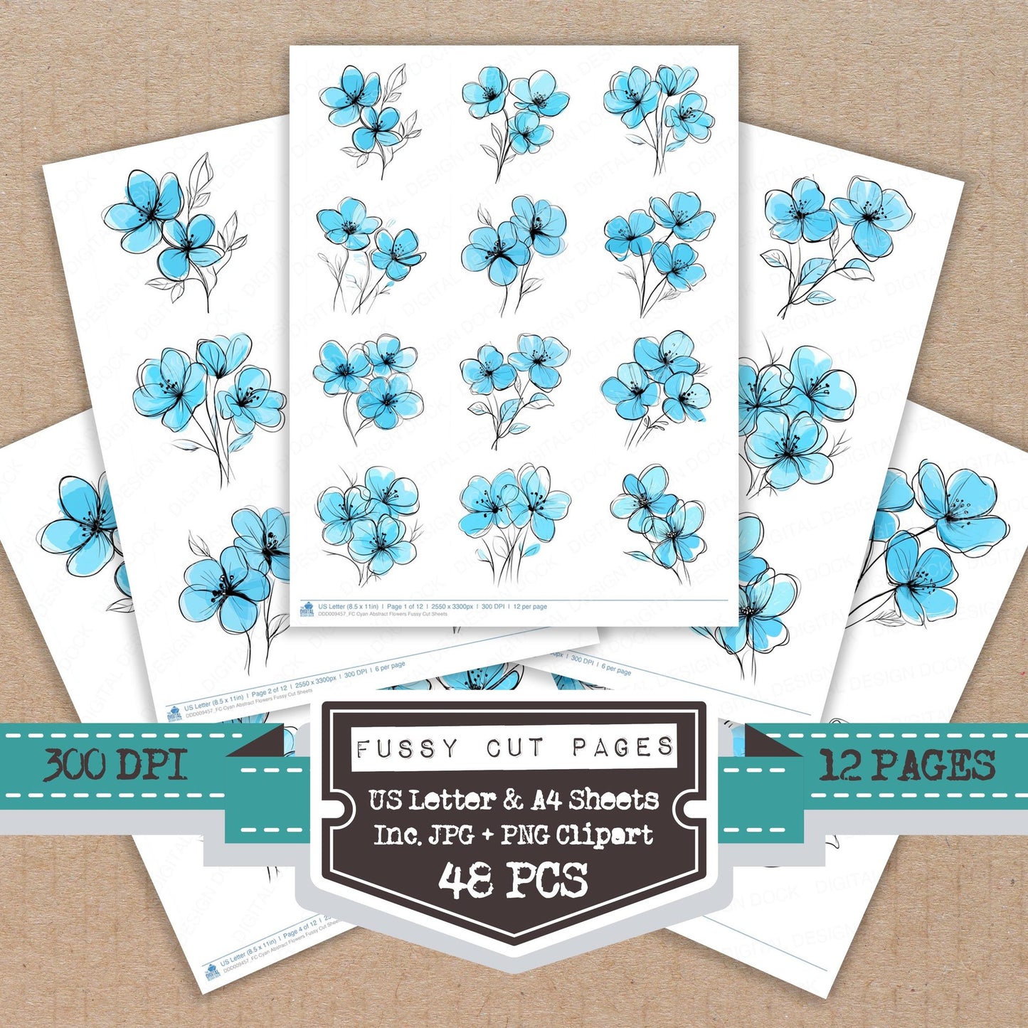 Cyan Abstract Flowers fussy cut printable sheets for junk journaling, scrapbooking, and paper craft projects