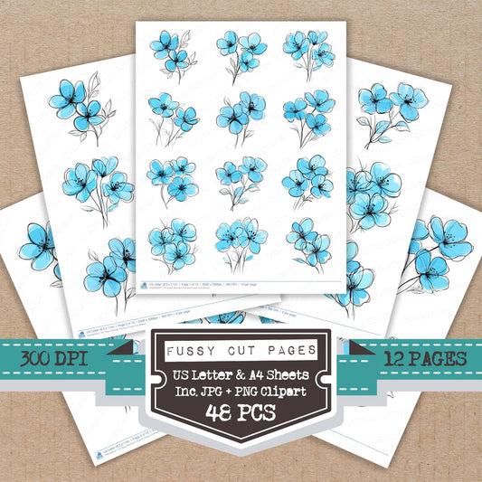 Cyan Abstract Flowers fussy cut printable sheets for junk journaling, scrapbooking, and paper craft projects
