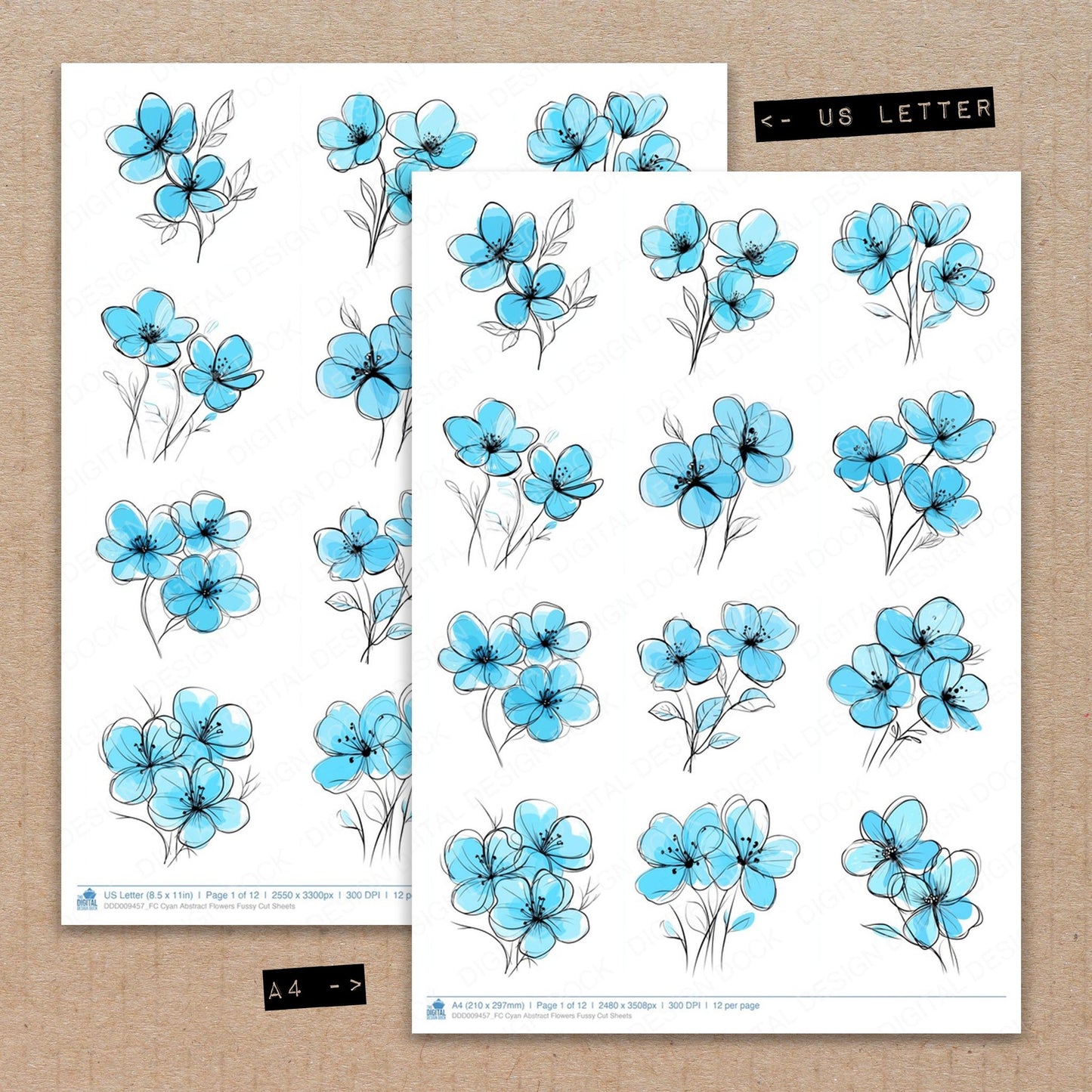 A4 and US Letter format comparison showing Cyan Abstract Flowers fussy cut pages for print and cut crafting