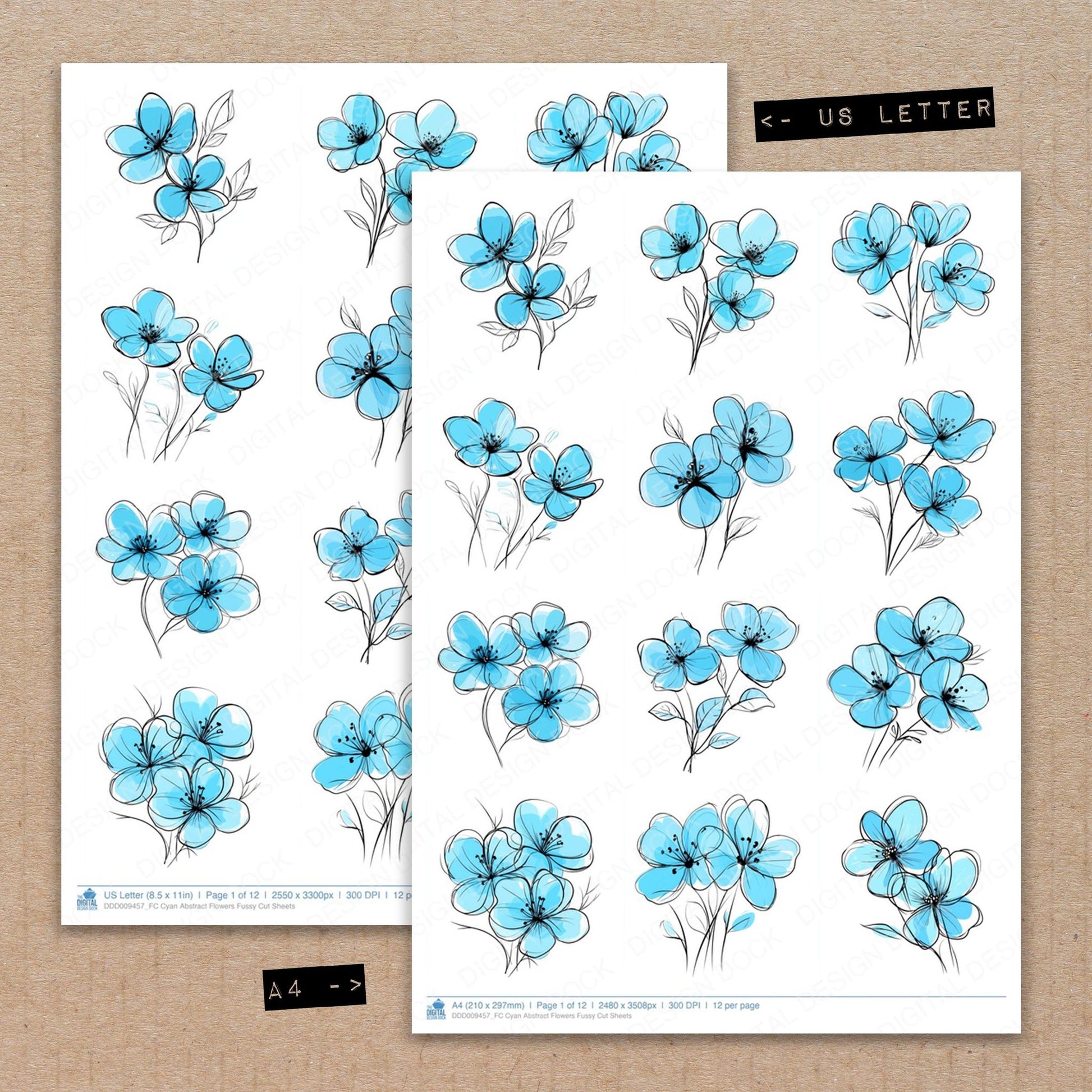 A4 and US Letter format comparison showing Cyan Abstract Flowers fussy cut pages for print and cut crafting