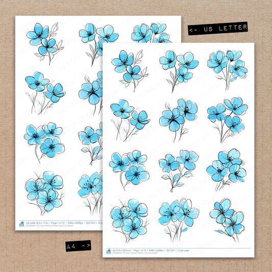 A4 and US Letter format comparison showing Cyan Abstract Flowers fussy cut pages for print and cut crafting