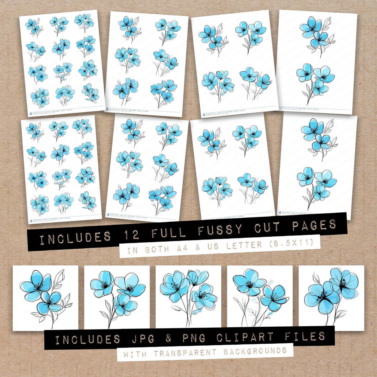 Full collection view of Cyan Abstract Flowers fussy cut sheets with bonus clipart JPG and PNG files