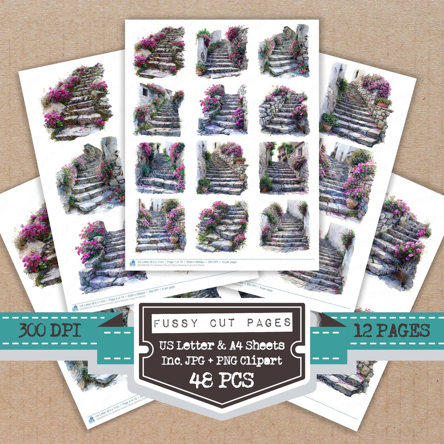 Cyclamen Flowers Stone Stairway fussy cut printable sheets for junk journaling, scrapbooking, and paper craft projects