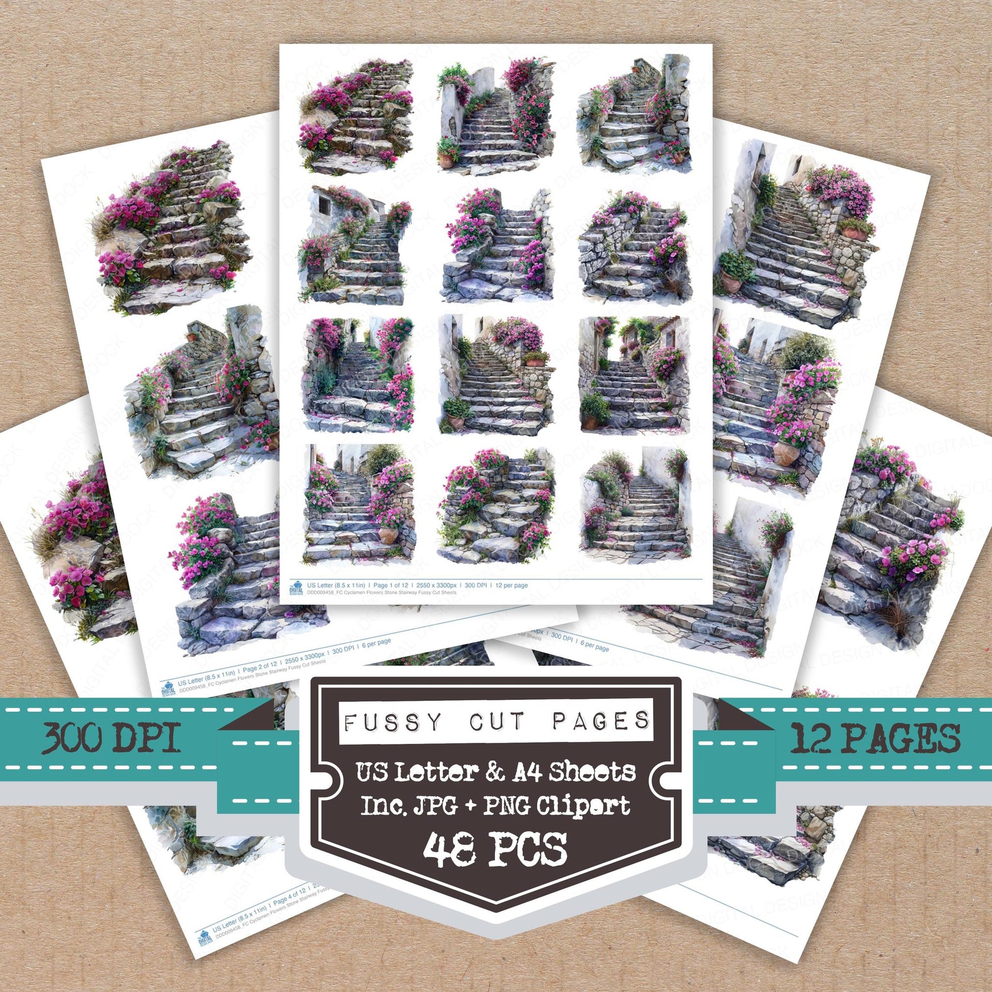 Cyclamen Flowers Stone Stairway fussy cut printable sheets for junk journaling, scrapbooking, and paper craft projects