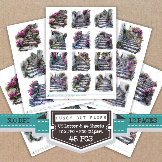 Cyclamen Flowers Stone Stairway fussy cut printable sheets for junk journaling, scrapbooking, and paper craft projects