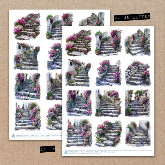 A4 and US Letter format comparison showing Cyclamen Flowers Stone Stairway fussy cut pages for print and cut crafting