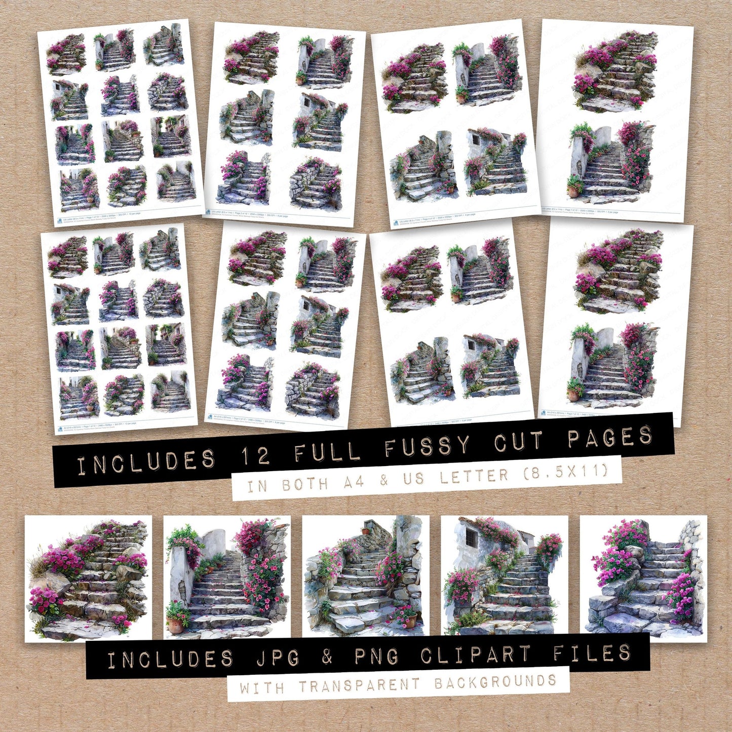 Full collection view of Cyclamen Flowers Stone Stairway fussy cut sheets with bonus clipart JPG and PNG files