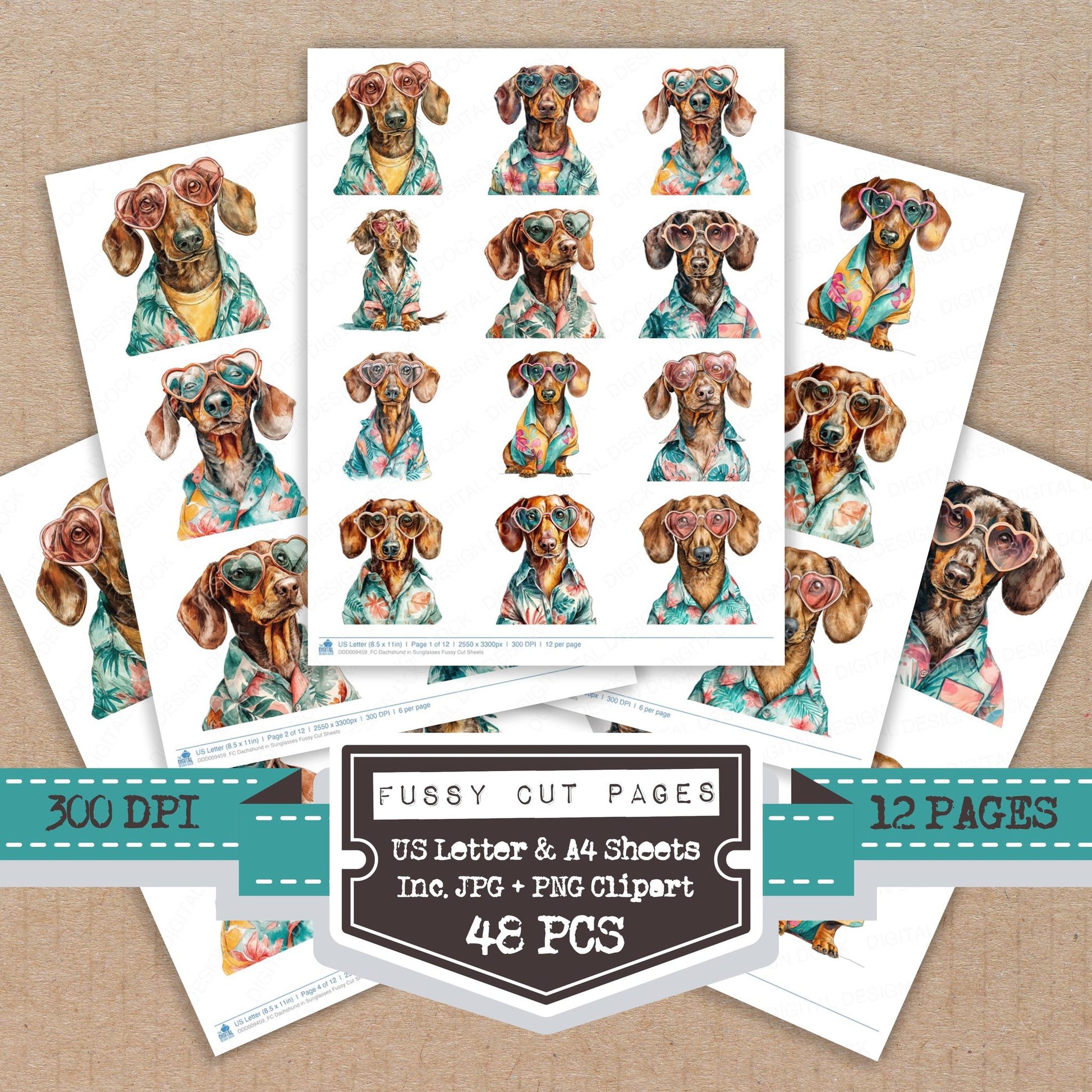 Dachshund in Sunglasses fussy cut printable sheets for junk journaling, scrapbooking, and paper craft projects