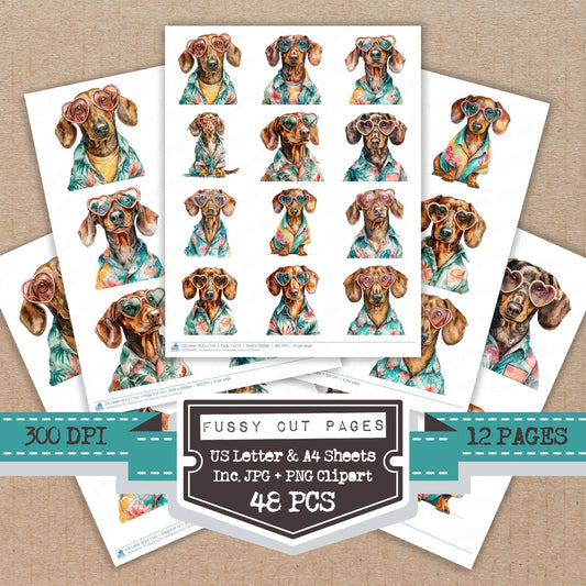 Dachshund in Sunglasses fussy cut printable sheets for junk journaling, scrapbooking, and paper craft projects