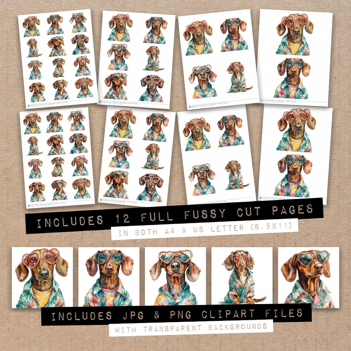 Full collection view of Dachshund in Sunglasses fussy cut sheets with bonus clipart JPG and PNG files
