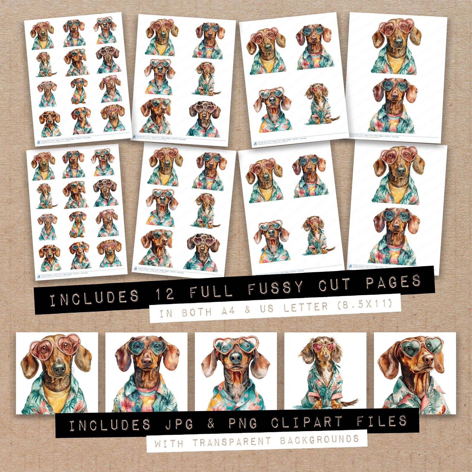 Full collection view of Dachshund in Sunglasses fussy cut sheets with bonus clipart JPG and PNG files