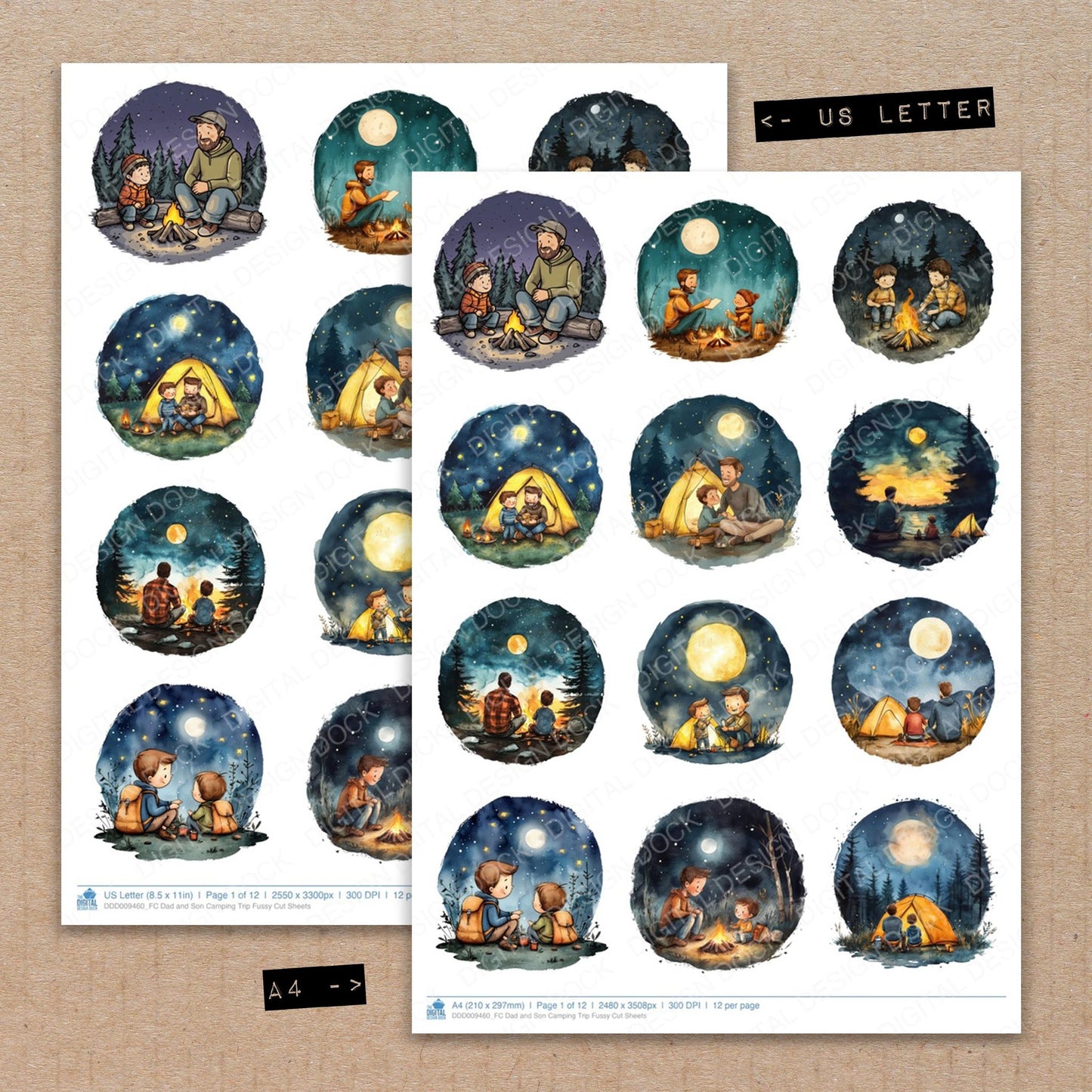 A4 and US Letter format comparison showing Dad and Son Camping Trip fussy cut pages for print and cut crafting