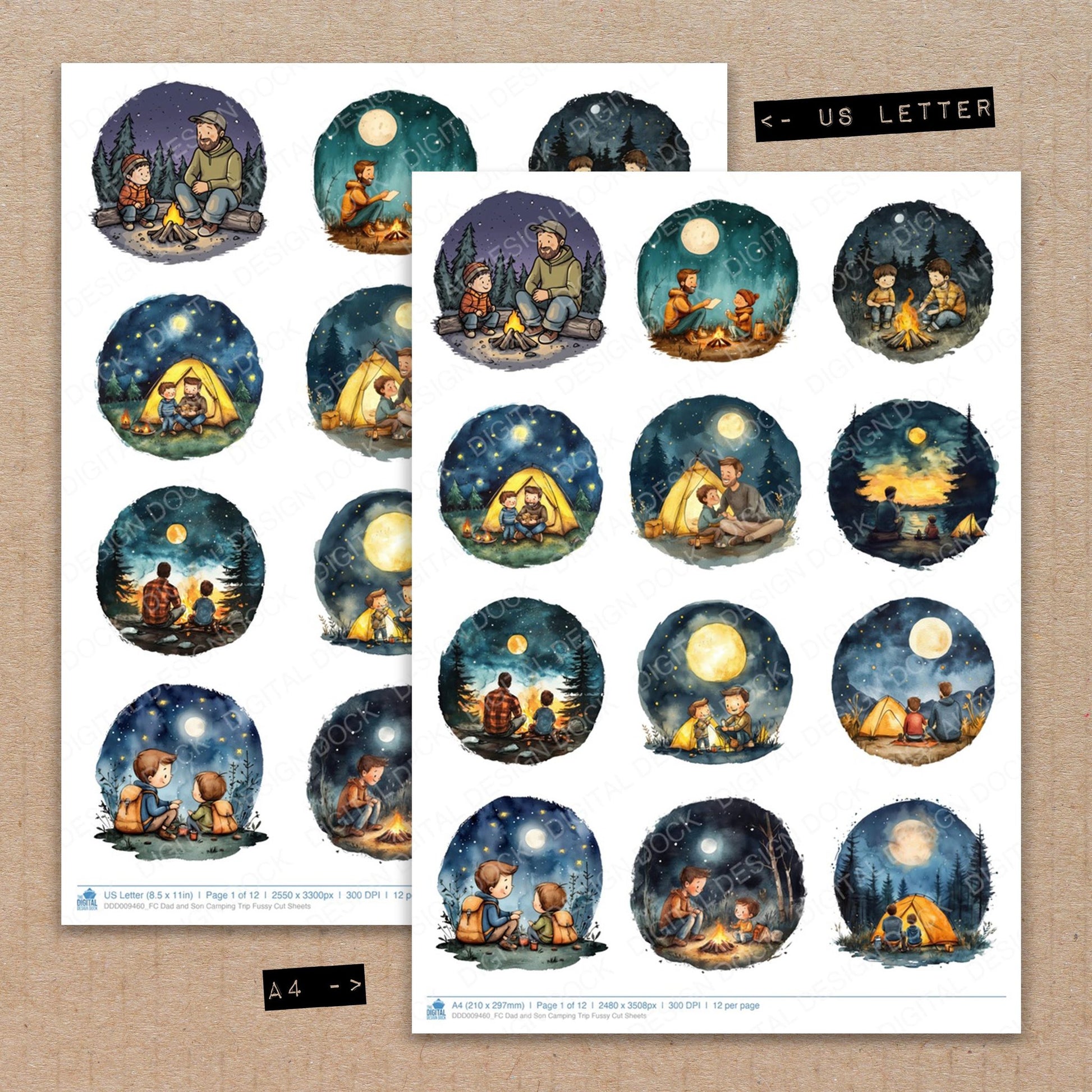 A4 and US Letter format comparison showing Dad and Son Camping Trip fussy cut pages for print and cut crafting
