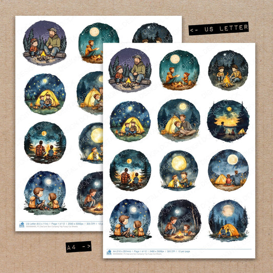 A4 and US Letter format comparison showing Dad and Son Camping Trip fussy cut pages for print and cut crafting