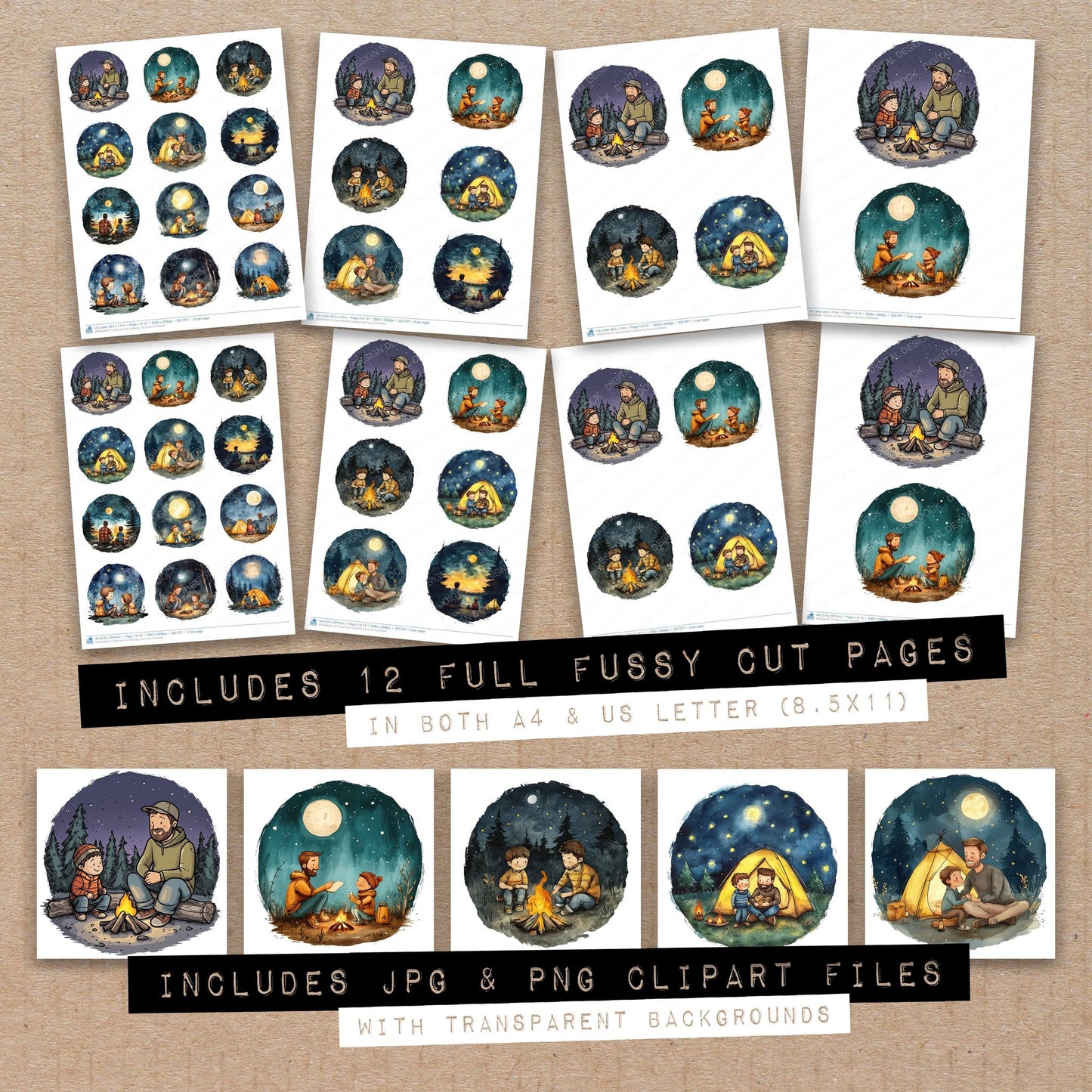 Full collection view of Dad and Son Camping Trip fussy cut sheets with bonus clipart JPG and PNG files