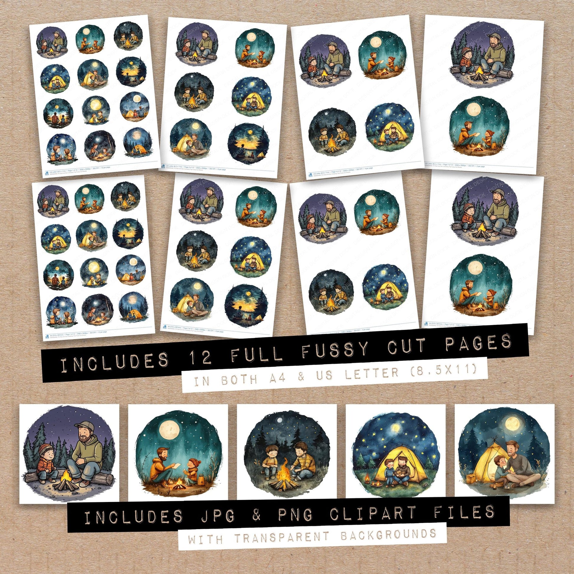 Full collection view of Dad and Son Camping Trip fussy cut sheets with bonus clipart JPG and PNG files