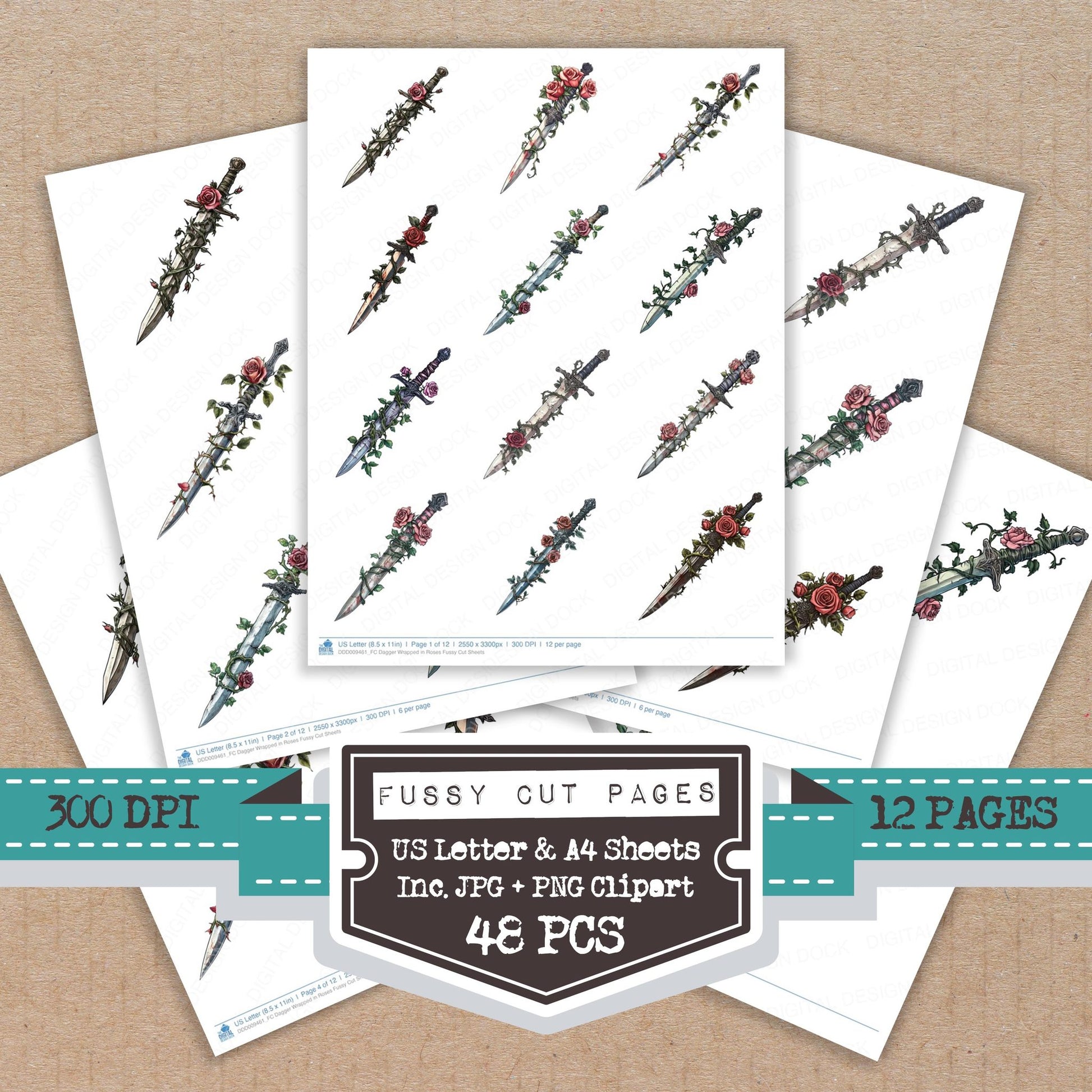 Dagger Wrapped in Roses fussy cut printable sheets for junk journaling, scrapbooking, and paper craft projects