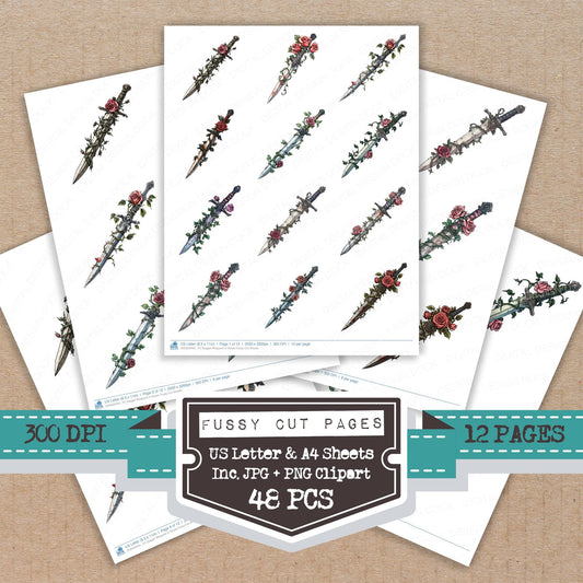 Dagger Wrapped in Roses fussy cut printable sheets for junk journaling, scrapbooking, and paper craft projects