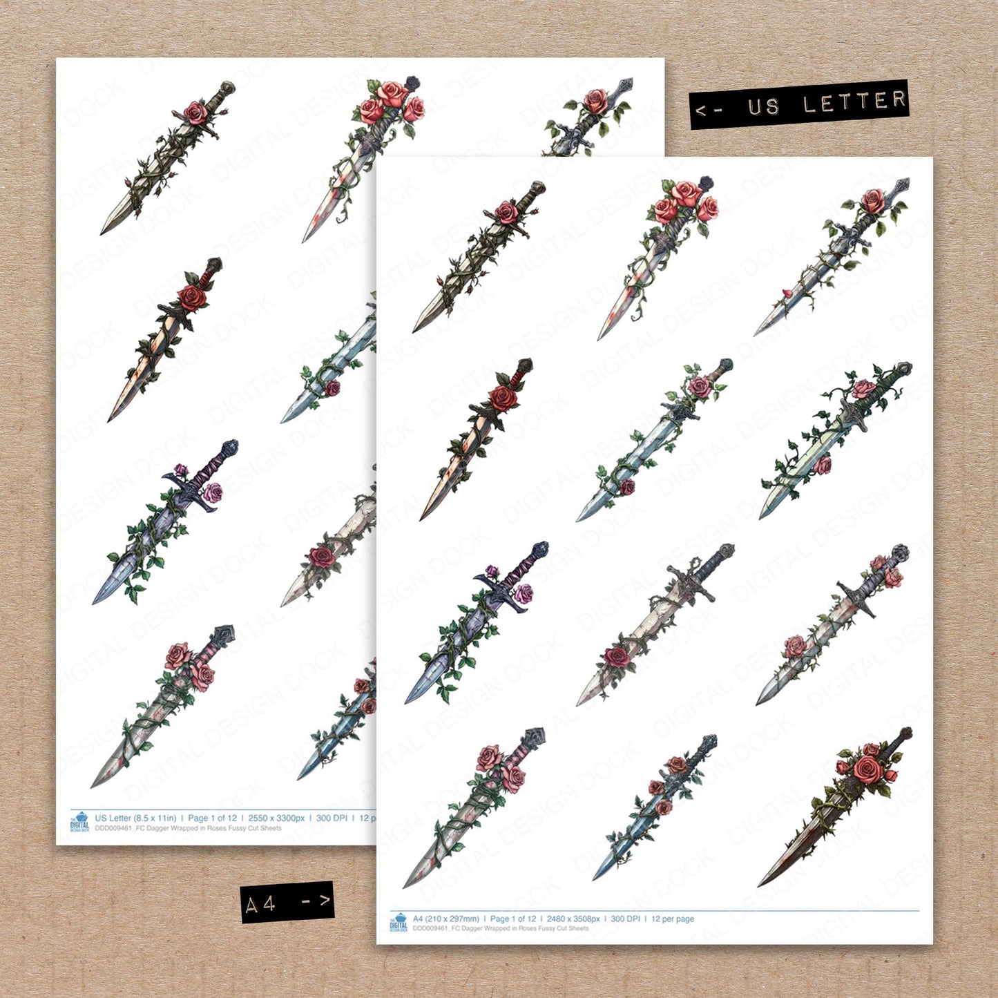 A4 and US Letter format comparison showing Dagger Wrapped in Roses fussy cut pages for print and cut crafting