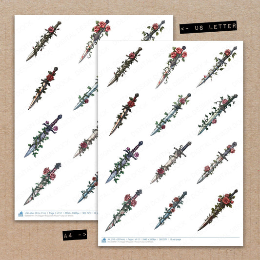 A4 and US Letter format comparison showing Dagger Wrapped in Roses fussy cut pages for print and cut crafting