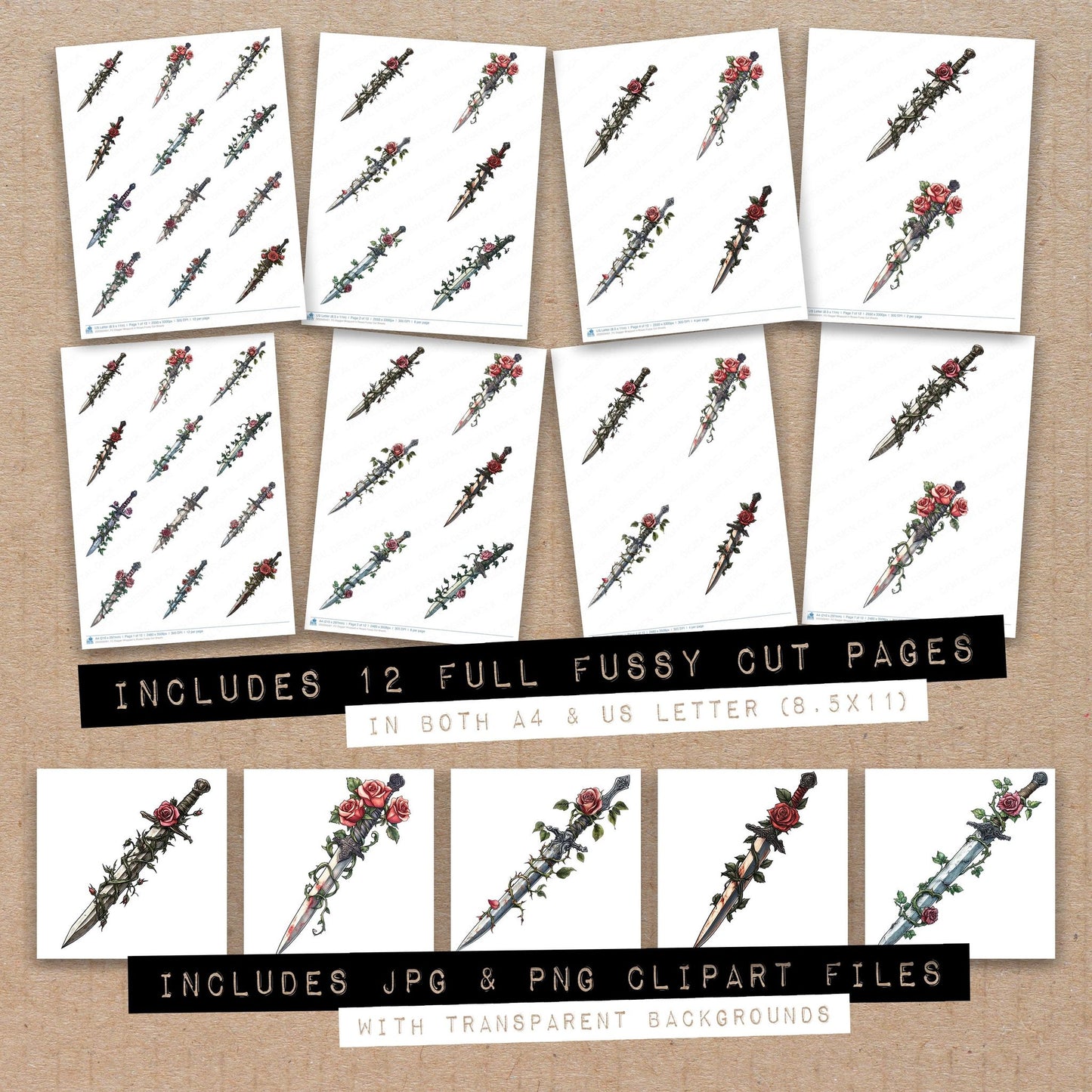 Full collection view of Dagger Wrapped in Roses fussy cut sheets with bonus clipart JPG and PNG files