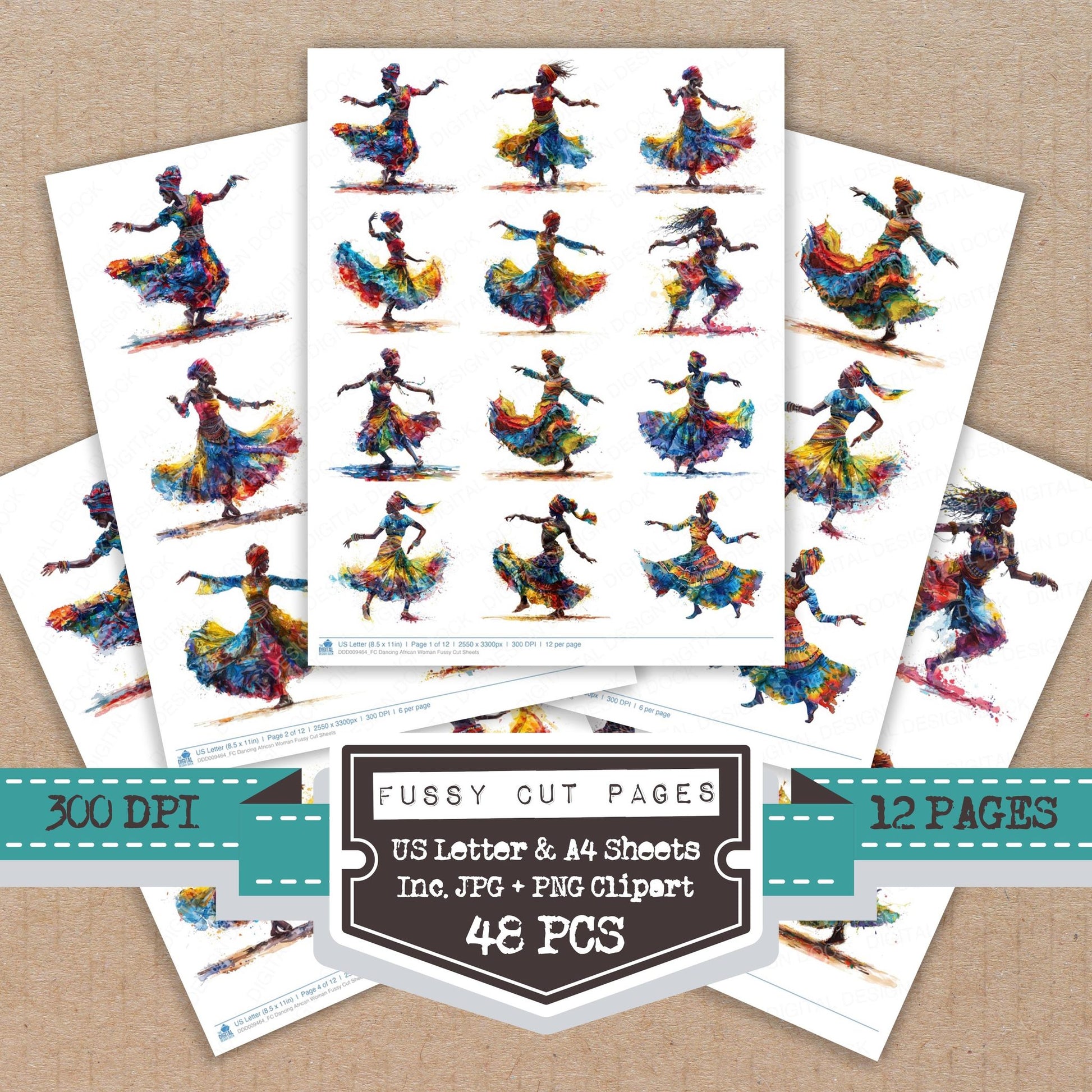 Dancing African Woman fussy cut printable sheets for junk journaling, scrapbooking, and paper craft projects