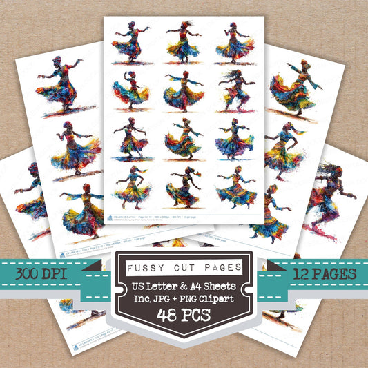Dancing African Woman fussy cut printable sheets for junk journaling, scrapbooking, and paper craft projects