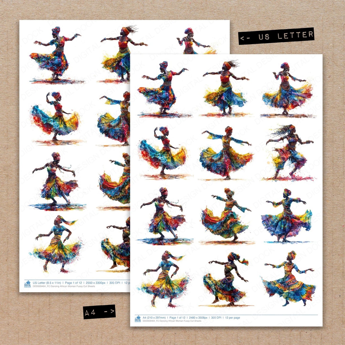 A4 and US Letter format comparison showing Dancing African Woman fussy cut pages for print and cut crafting
